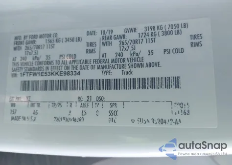 2019 Ford F-150 Xl z USA, uszkodzony, nr VIN 1FTFW1E53KKE98334